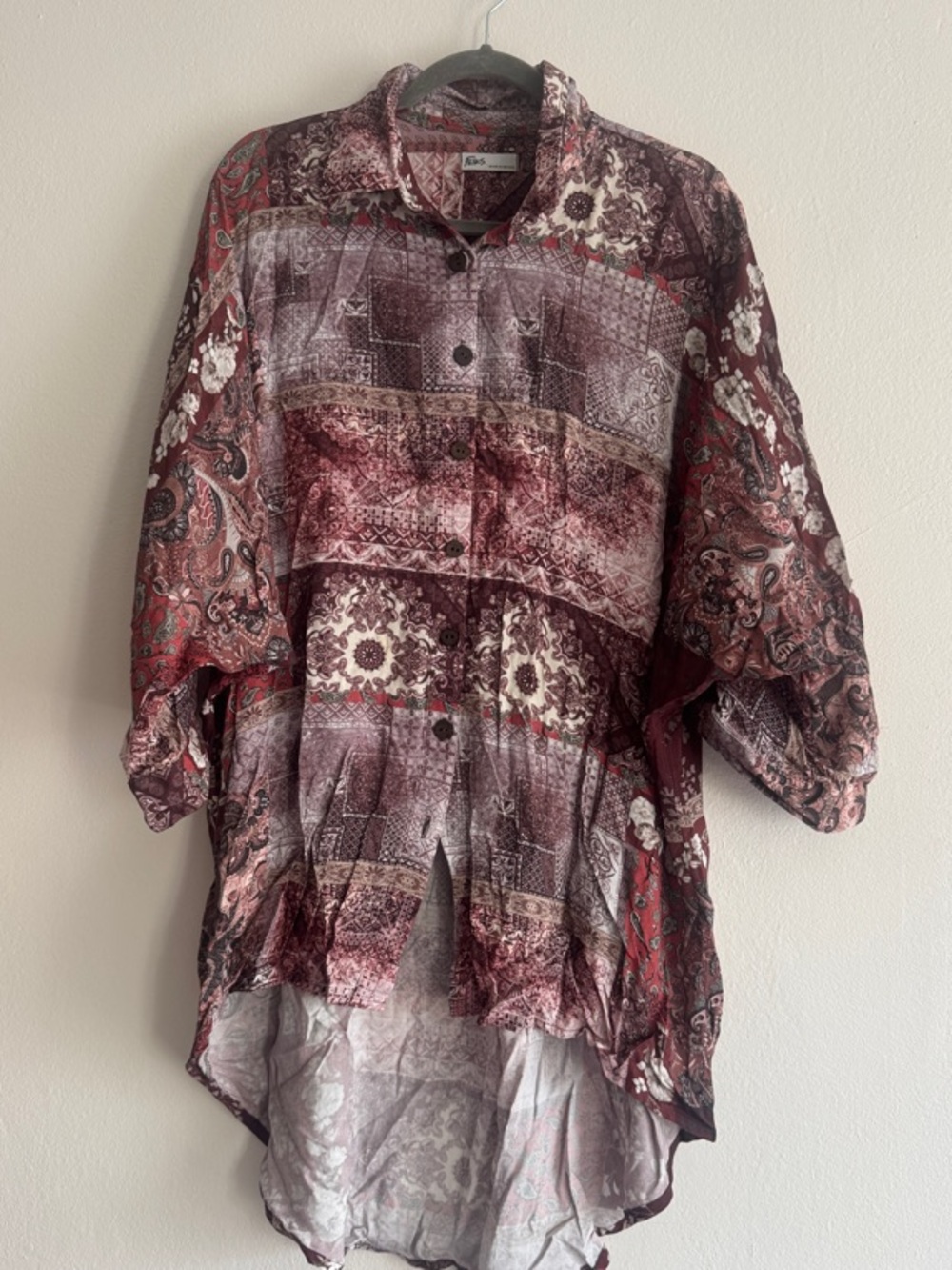 Women's Button-Down Shirt by None - Burgundy Paisley Print asymmetrical